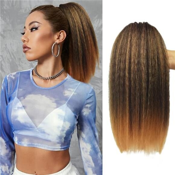 Straight Ponytail Extension for Women, 14 Inch Ombre Brown Fluffy - Picture 1 of 5